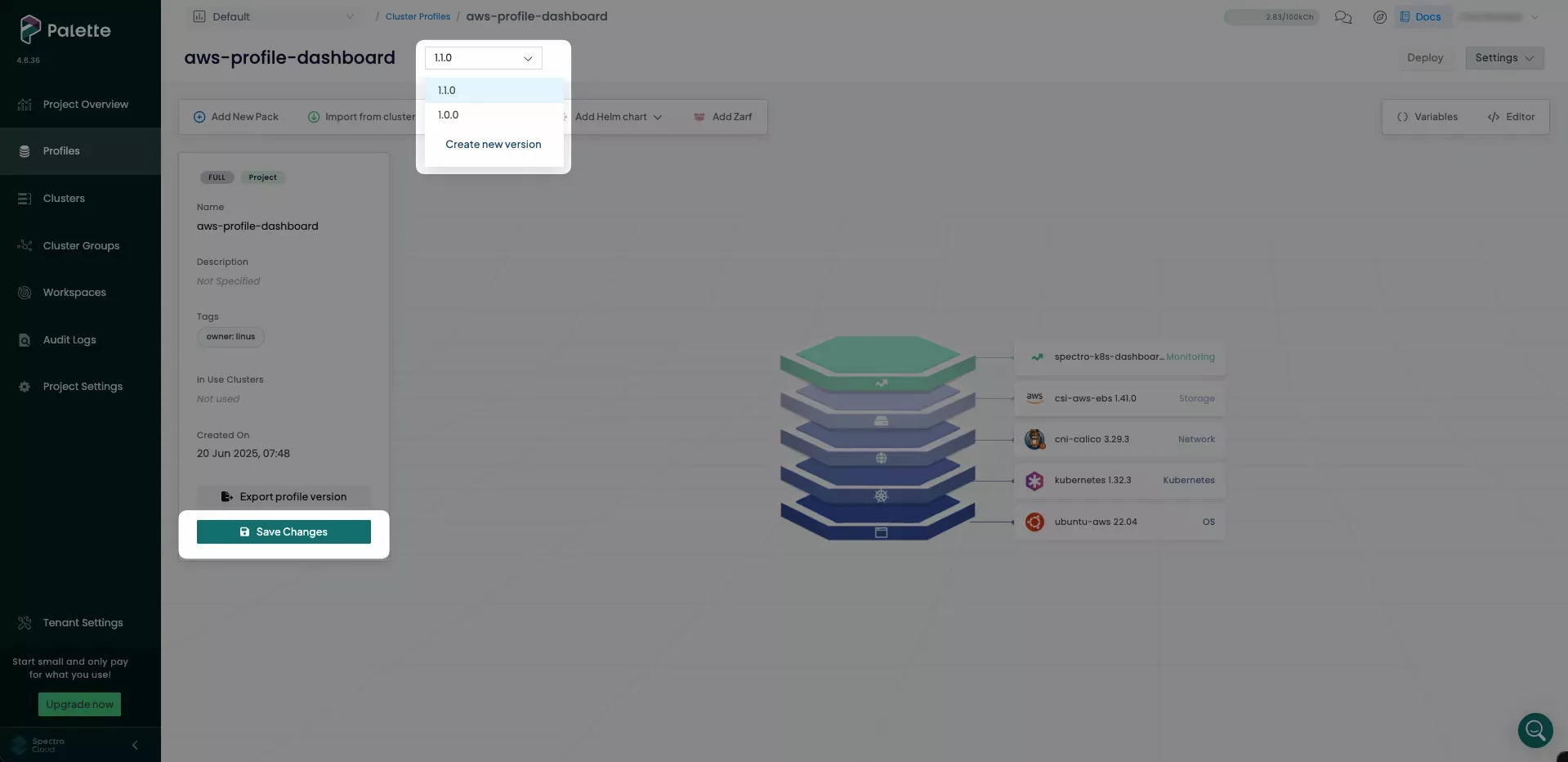 Image showing the selection of the profile version to be applied to the selected cluster