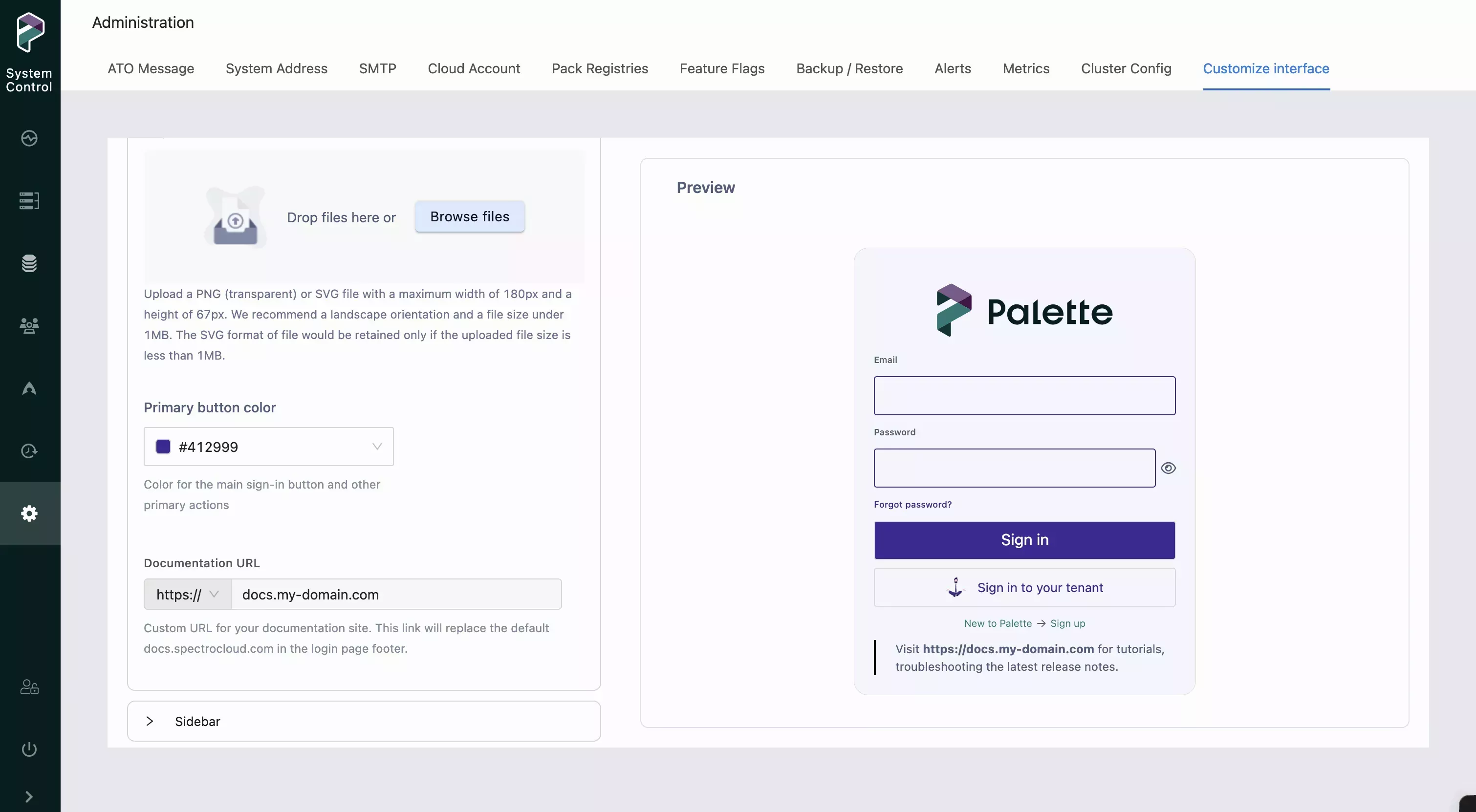 The Customize interface tab of the Administration tab