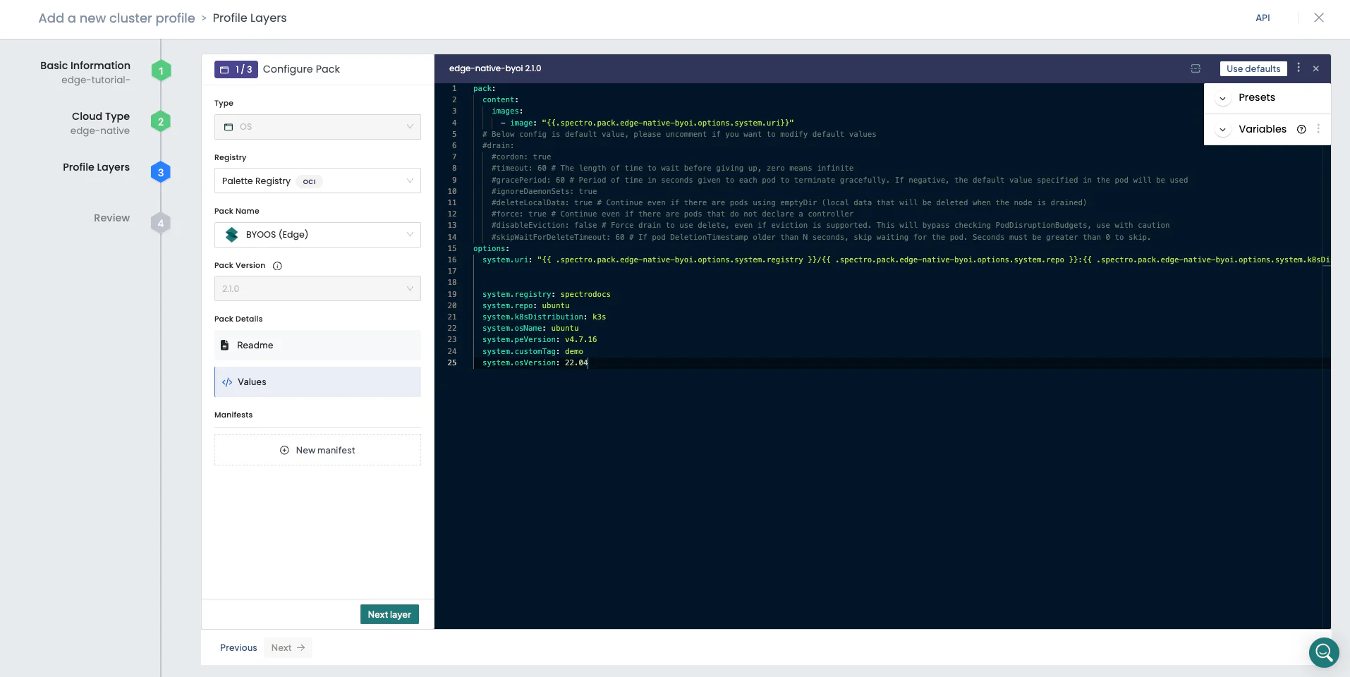 A screenshot of k3s OS layer in a cluster profile.